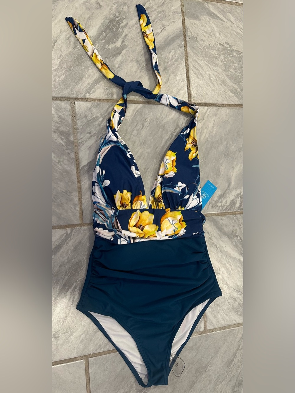 NWT Cupshe Womens Flower Pattern Teal One Piece Halter Bathing Suit Size Small